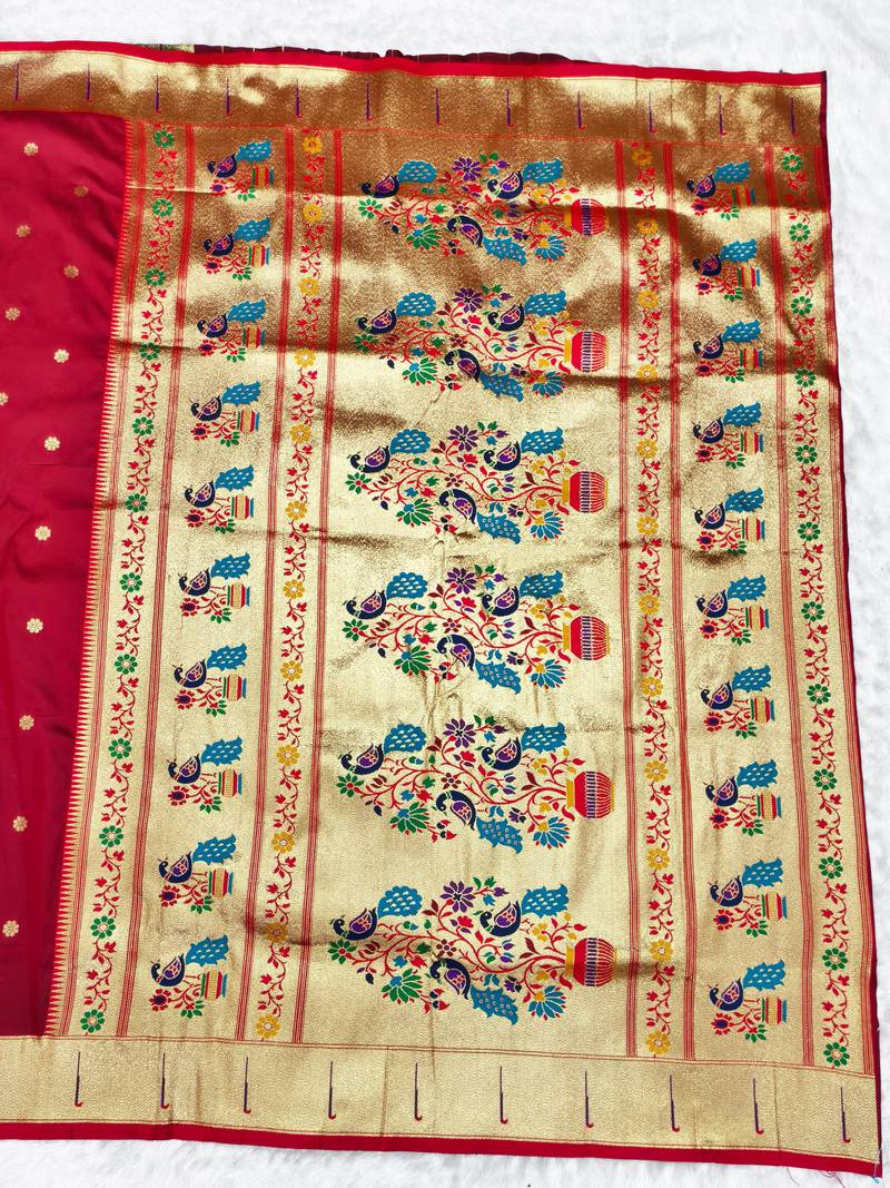 Maroon zari woven paithani silk traditional saree with swarovski blouse piece
