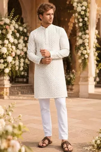 White lucknowi & sequence work rayon straight kurta