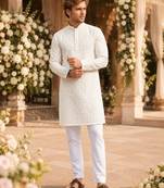 White lucknowi & sequence work rayon straight kurta