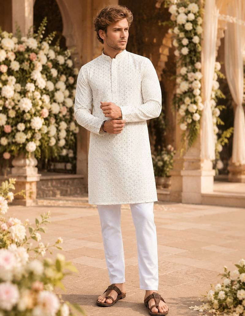 White lucknowi & sequence work rayon straight kurta