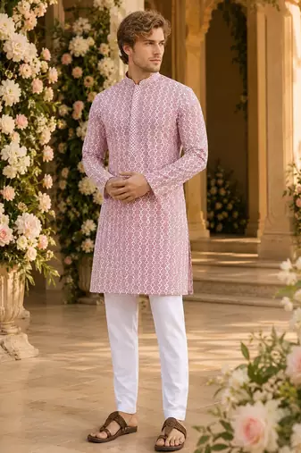 Pink lucknowi & sequence work rayon straight kurta
