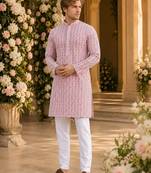 Pink lucknowi & sequence work rayon straight kurta