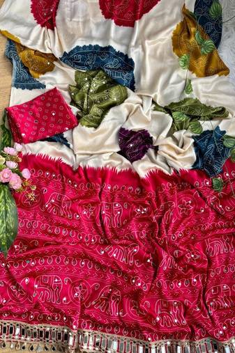 Maroon Color Ajarak Print And Real Mirror Work Satin Saree