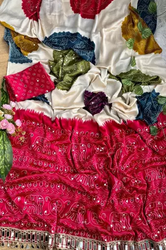Maroon Color Ajarak Print And Real Mirror Work Satin Saree