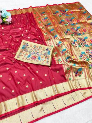 Maroon zari woven paithani silk traditional saree with swarovski blouse piece 4