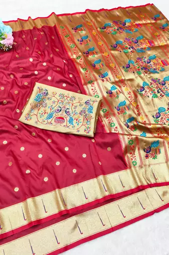 Maroon zari woven paithani silk traditional saree with swarovski blouse piece