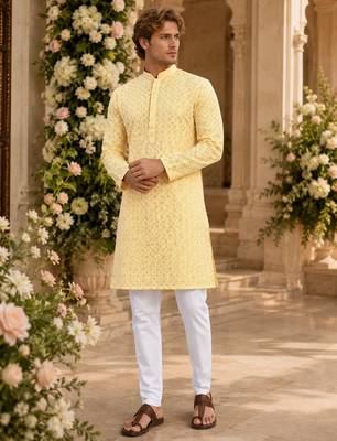 Yellow lucknowi & sequence work rayon straight kurta 1