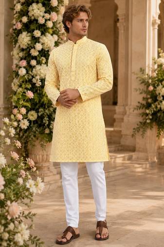 Yellow lucknowi & sequence work rayon straight kurta