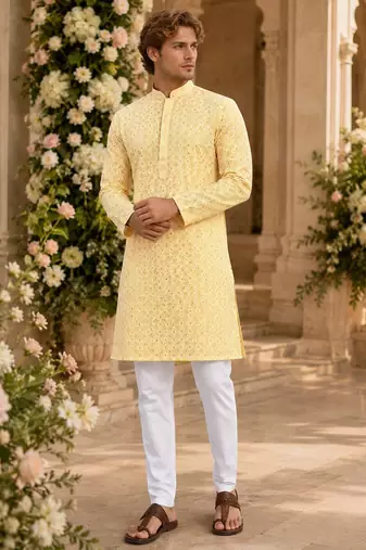 Yellow lucknowi & sequence work rayon straight kurta