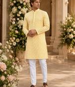 Yellow lucknowi & sequence work rayon straight kurta