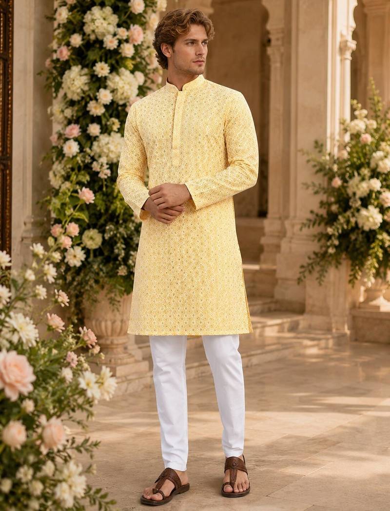 Yellow lucknowi & sequence work rayon straight kurta