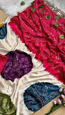 Maroon Color Ajarak Print And Real Mirror Work Satin Saree 3