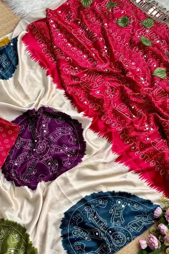 Maroon Color Ajarak Print And Real Mirror Work Satin Saree