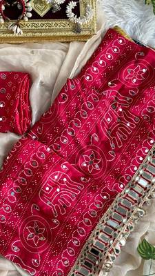 Maroon Color Ajarak Print And Real Mirror Work Satin Saree 4