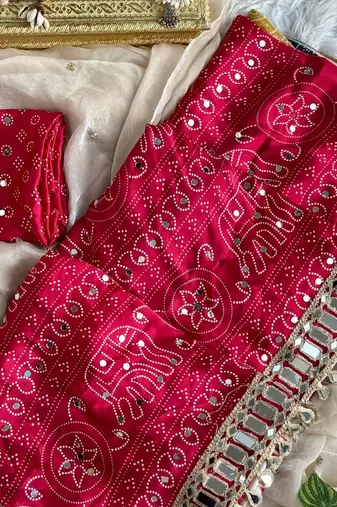 Maroon Color Ajarak Print And Real Mirror Work Satin Saree