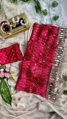 Maroon Color Ajarak Print And Real Mirror Work Satin Saree 5