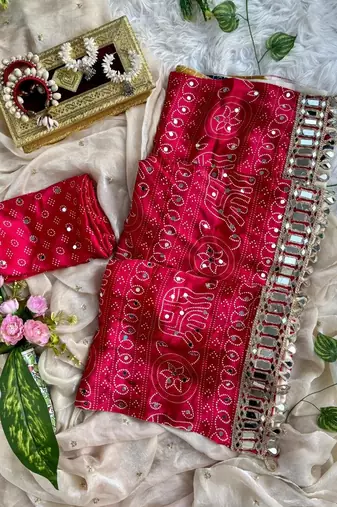 Maroon Color Ajarak Print And Real Mirror Work Satin Saree