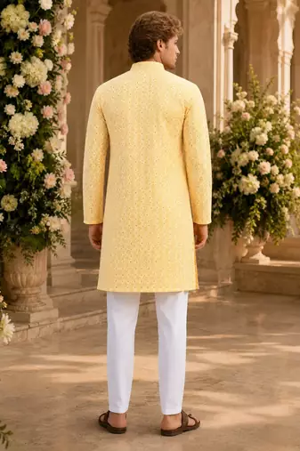Yellow lucknowi & sequence work rayon straight kurta