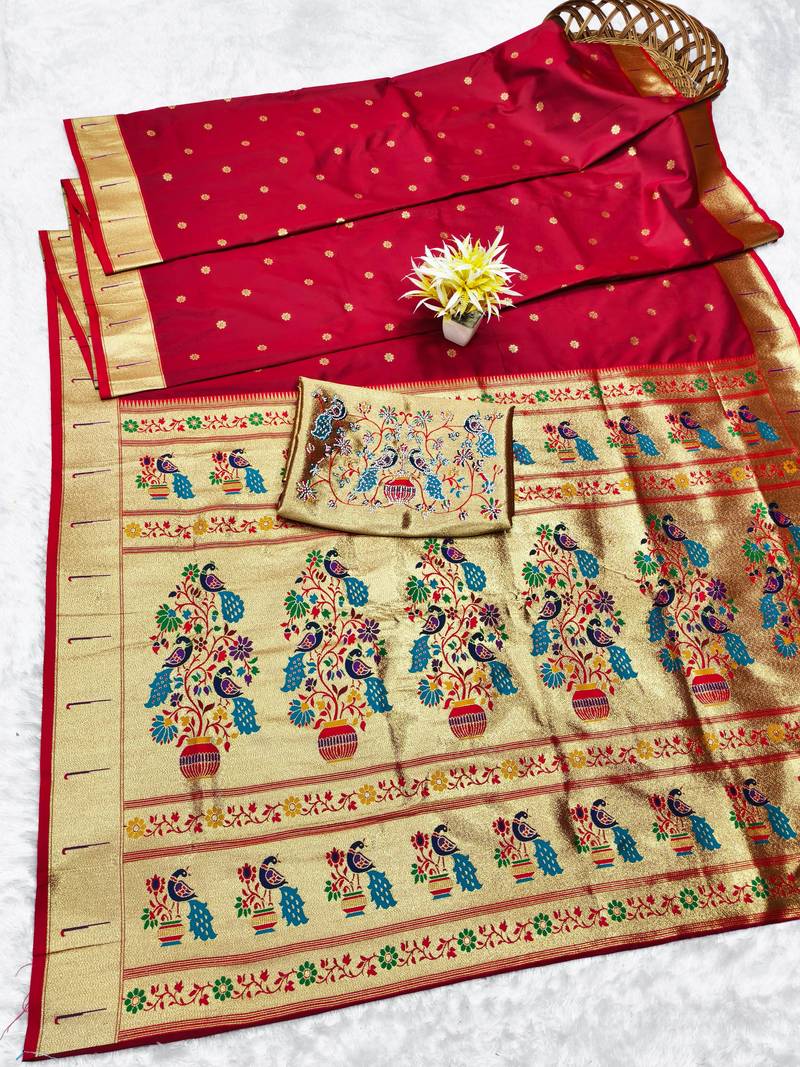 Maroon zari woven paithani silk traditional saree with swarovski blouse piece