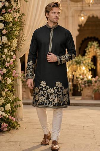 Black embroidered & sequence work silk blend straight kurta
