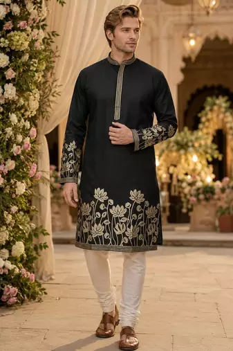 Black embroidered & sequence work silk blend straight kurta