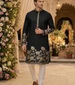 Black embroidered & sequence work silk blend straight kurta
