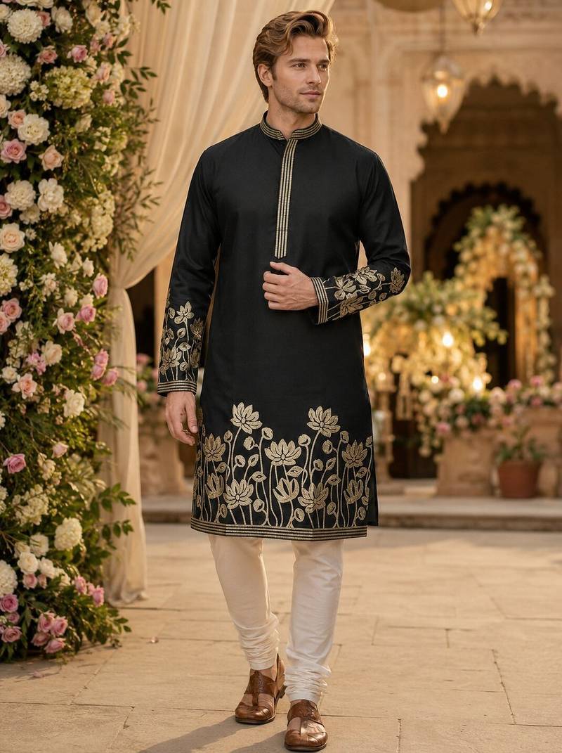 Black embroidered & sequence work silk blend straight kurta