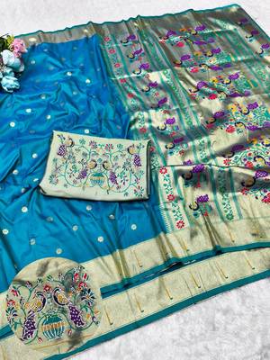 Rama zari woven paithani silk traditional saree with swarovski blouse piece 1