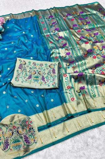 Rama zari woven paithani silk traditional saree with swarovski blouse piece