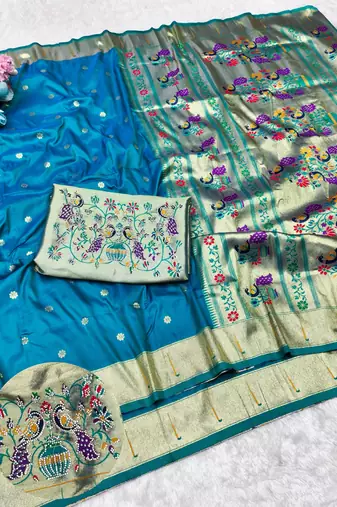 Rama zari woven paithani silk traditional saree with swarovski blouse piece