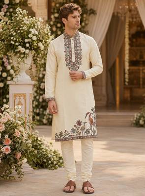 Cream embroidered & sequence work silk blend straight kurta set 1