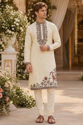 Cream embroidered & sequence work silk blend straight kurta set