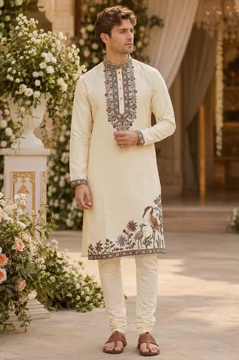 Cream embroidered & sequence work silk blend straight kurta set