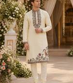 Cream embroidered & sequence work silk blend straight kurta set