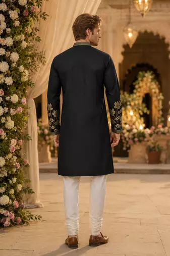Black embroidered & sequence work silk blend straight kurta