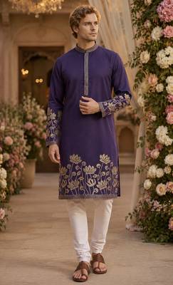 Purple embroidered & sequence work silk blend straight kurta 1