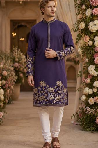 Purple embroidered & sequence work silk blend straight kurta