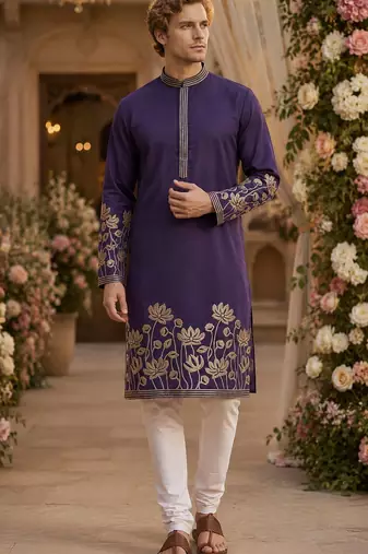 Purple embroidered & sequence work silk blend straight kurta