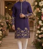 Purple embroidered & sequence work silk blend straight kurta