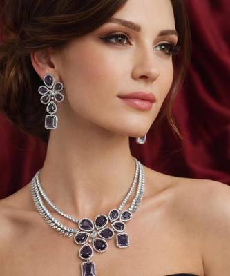 purple stone bridal jewellery set: silver plated cz necklace and earrings 1