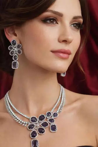 purple stone bridal jewellery set: silver plated cz necklace and earrings