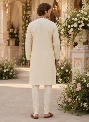 Cream embroidered & sequence work silk blend straight kurta set 2