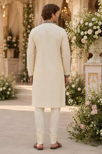 Cream embroidered & sequence work silk blend straight kurta set