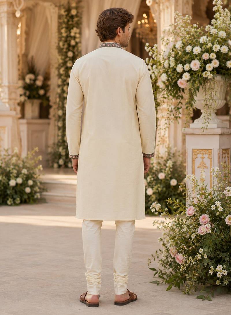 Cream embroidered & sequence work silk blend straight kurta set