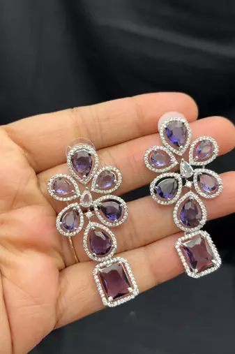 purple stone bridal jewellery set: silver plated cz necklace and earrings