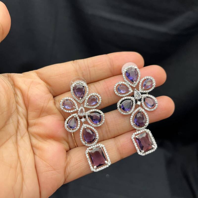 purple stone bridal jewellery set: silver plated cz necklace and earrings