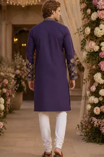 Purple embroidered & sequence work silk blend straight kurta