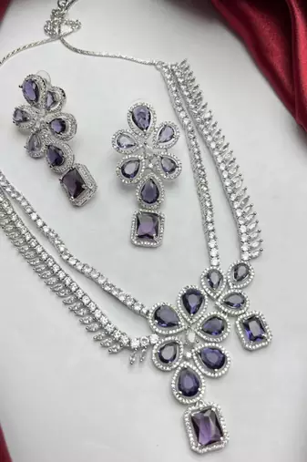 purple stone bridal jewellery set: silver plated cz necklace and earrings