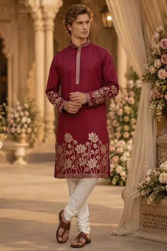Red embroidered & sequence work silk blend straight kurta