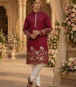 Red embroidered & sequence work silk blend straight kurta